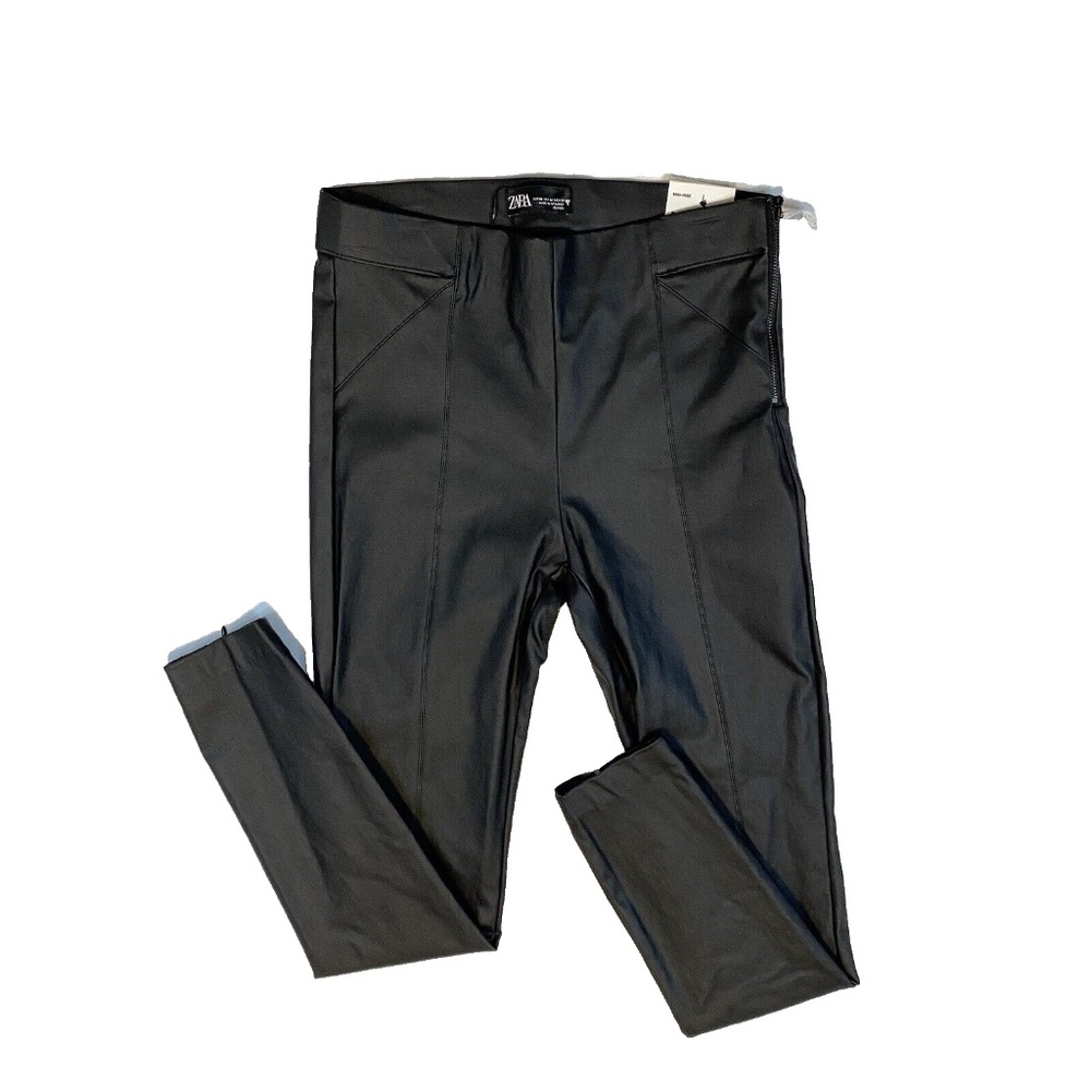 Zara Women Size M Black Faux Leather Zip Legging Leg Ankle Zipper Mid-Rise NWT